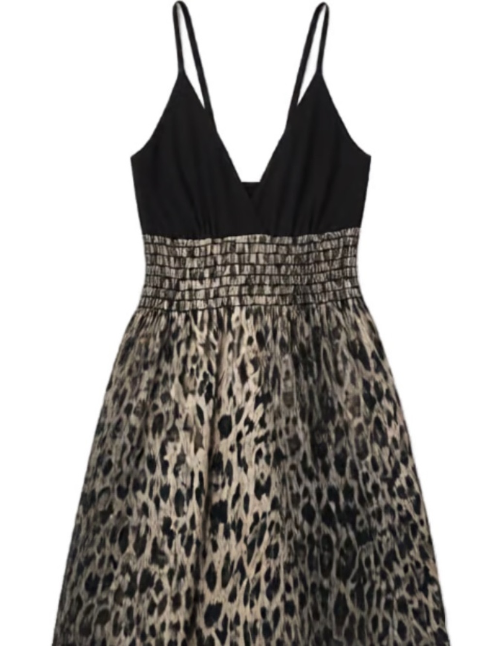 Black & Leopard Print Smocked Waist Mini Dress